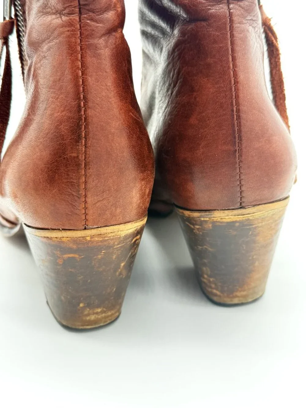 Women's Brown Leather Ankle Boots Block Heel Moto Boho Quiet Luxury w10 3964